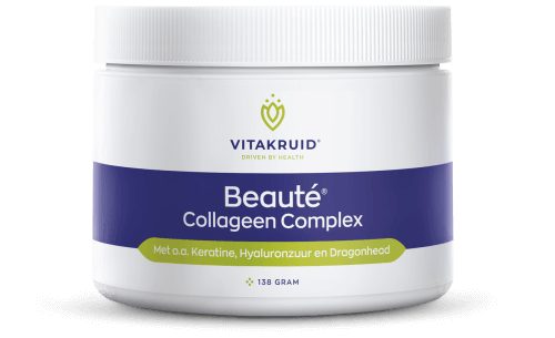 Vitakruid Beauté Collageen Complex, een collageensupplement met hyaluronzuur en keratine voor huidverzorging van binnenuit. Op de foto de pot poeder. Puur Diana Shop Nuenen