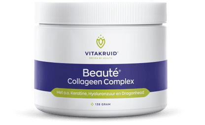 Vitakruid Beauté Collageen Complex, een collageensupplement met hyaluronzuur en keratine voor huidverzorging van binnenuit. Op de foto de pot poeder. Puur Diana Shop Nuenen