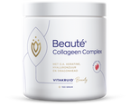 Vitakruid Beauté Collageen Complex Rood Fruit, een collageensupplement met rood fruit smaak voor huidverzorging van binnenuit. Op de foto de witte pot. Puur Diana Shop Nuenen