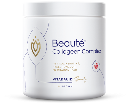 Vitakruid Beauté Collageen Complex Rood Fruit, een collageensupplement met rood fruit smaak voor huidverzorging van binnenuit. Op de foto de witte pot. Puur Diana Shop Nuenen