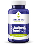 Vitakruid Gebufferde Vitamine C 90 vegan capsules, een ontzuurde vitamine C voor een gevoelige maag. Op de foto de verpakking. Puur Diana Shop Nuenen