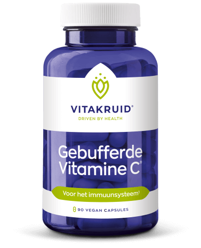 Vitakruid Gebufferde Vitamine C 90 vegan capsules, een ontzuurde vitamine C voor een gevoelige maag. Op de foto de verpakking. Puur Diana Shop Nuenen