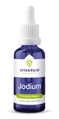 Vitakruid Jodium Druppels 30 ml, een voedingssupplement met 75 microgram jodium per druppel voor de schildklierfunctie. Op de foto de blauwe glazen flacon met witte pipetdop. Puur Diana Shop Nuenen