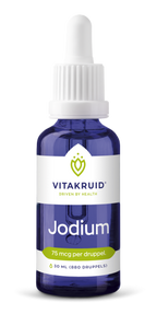 Vitakruid Jodium Druppels 30 ml, een voedingssupplement met 75 microgram jodium per druppel voor de schildklierfunctie. Op de foto de blauwe glazen flacon met witte pipetdop. Puur Diana Shop Nuenen