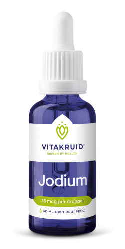 Vitakruid Jodium Druppels 30 ml, een voedingssupplement met 75 microgram jodium per druppel voor de schildklierfunctie. Op de foto de blauwe glazen flacon met witte pipetdop. Puur Diana Shop Nuenen