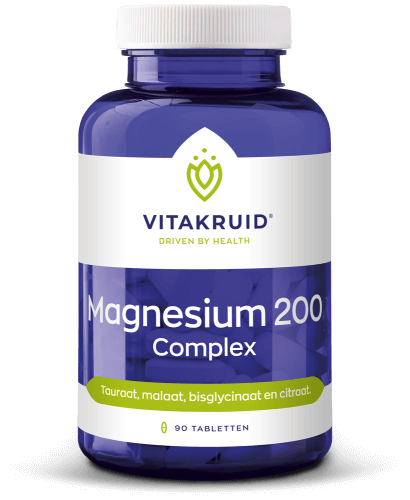 Vitakruid Magnesium 200 Complex 90 tabletten, een voedingssupplement met vier magnesiumvormen voor ondersteuning van spieren en zenuwstelsel. Op de foto de verpakking. Puur Diana Shop Nuenen