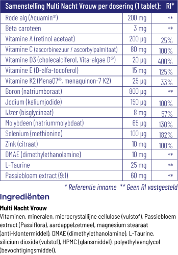 Vitakruid Multi Dag & Nacht Vrouw 90 tabletten, samenstelling van de Multi Nacht formule. Puur Diana Shop Nuenen