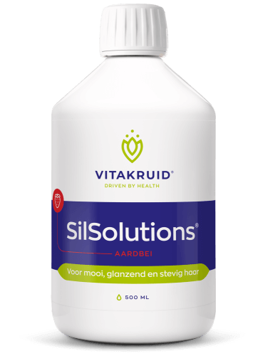 Vitakruid SilSolutions Aardbei 500 ml, een vloeibaar siliciumsupplement met vitamine C en natuurlijke aardbeiensmaak voor haar, huid en nagels. Op de foto de fles. Puur Diana Shop Nuenen