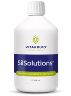 Vitakruid SilSolutions Naturel 500 ml, een vloeibaar siliciumsupplement zonder smaakstoffen voor haar, huid en nagels. Op de foto de fles. Puur Diana Shop Nuenen