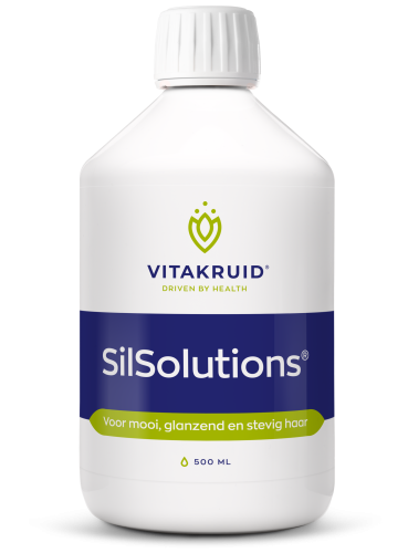 Vitakruid SilSolutions Naturel 500 ml, een vloeibaar siliciumsupplement zonder smaakstoffen voor haar, huid en nagels. Op de foto de fles. Puur Diana Shop Nuenen