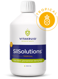 Vitakruid SilSolutions Tropical 500 ml, een vloeibaar siliciumsupplement met vitamine C in een frisse tropische smaak voor haar, huid en nagels. Op de foto de fles. Puur Diana Shop Nuenen