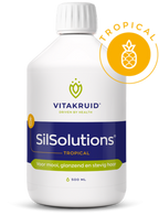 Vitakruid SilSolutions Tropical 500 ml, een vloeibaar siliciumsupplement met vitamine C in een frisse tropische smaak voor haar, huid en nagels. Op de foto de fles. Puur Diana Shop Nuenen