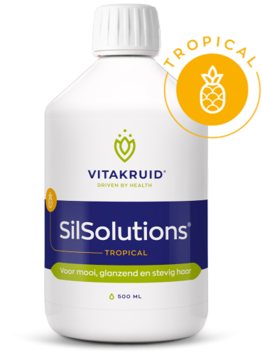 Vitakruid SilSolutions Tropical 500 ml, een vloeibaar siliciumsupplement met vitamine C in een frisse tropische smaak voor haar, huid en nagels. Op de foto de fles. Puur Diana Shop Nuenen