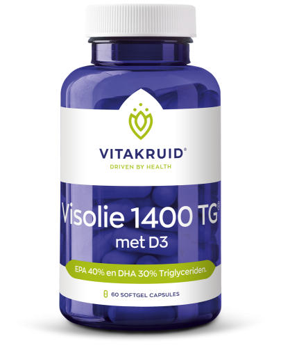 Vitakruid Visolie 1400 TG met D3 30 softgels, een voedingssupplement met omega-3 vetzuren en vitamine D3 voor hart, brein en weerstand. Op de foto het potje. Puur Diana Shop Nuenen