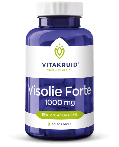 Vitakruid Visolie Forte 1000 90 softgels, met 350 mg EPA en 250 mg DHA voor hart en brein. Op de foto de verpakking. Puur Diana Shop Nuenen